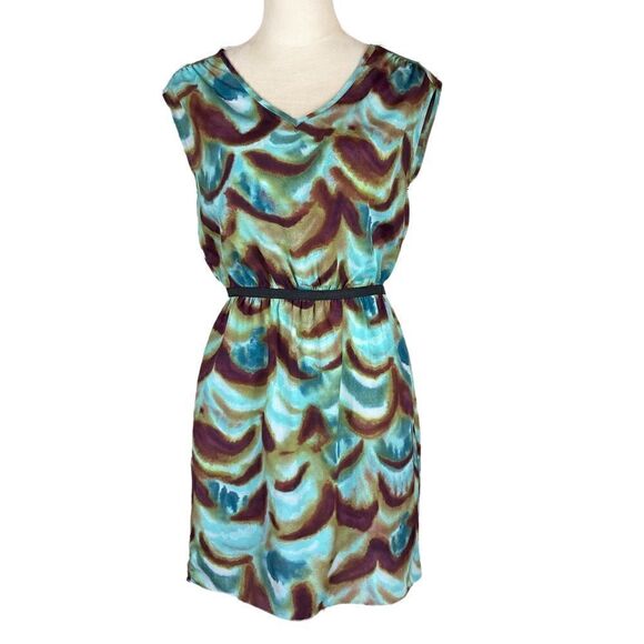 LOFT Green, Brown, & Deep Purple V-Neck Dress, Size 2 - Picture 1 of 7
